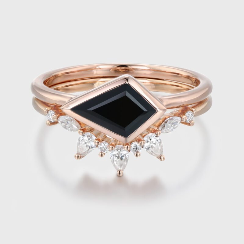 Kite Cut Bezel Black Onyx Ring Set East West Bezel Engagement Ring 14K Rose Gold Diamond Wedding Ring