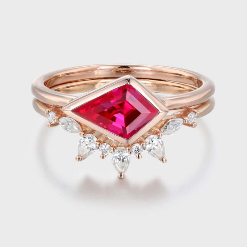 Kite Cut Bezel Lab Ruby Ring Set East West Bezel Engagement Ring Rose Gold Diamond Wedding Ring July birthstone