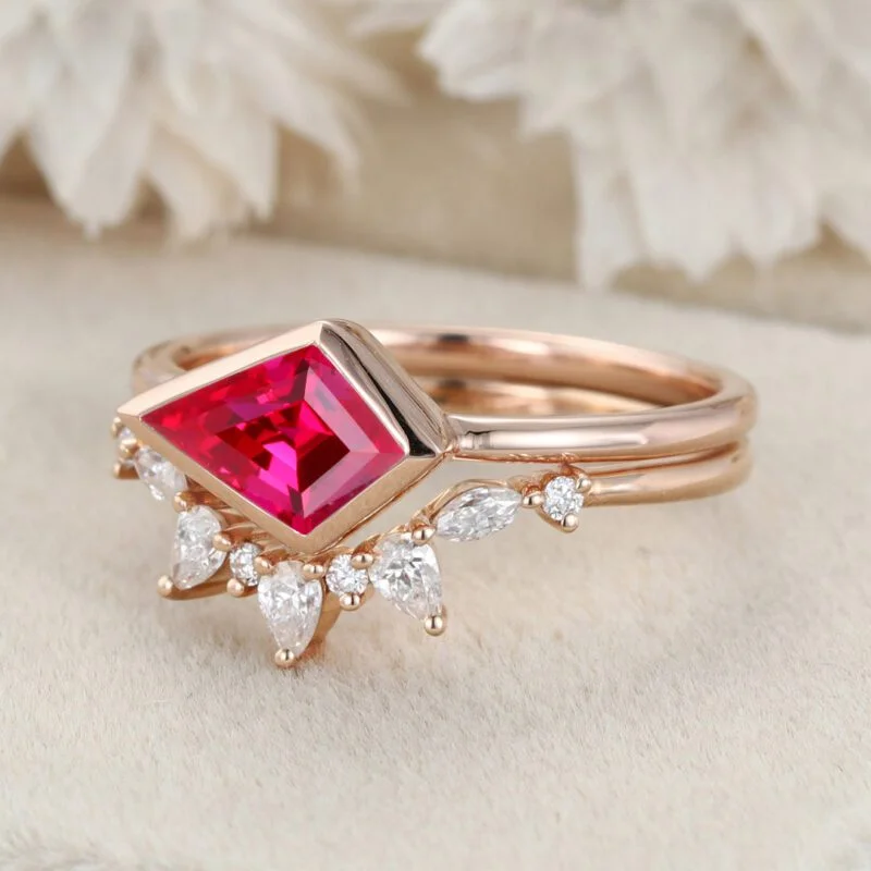 Kite Cut Bezel Lab Ruby Ring Set East West Bezel Engagement Ring Rose Gold Diamond Wedding Ring July birthstone