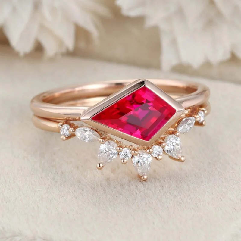 Kite Cut Bezel Lab Ruby Ring Set East West Bezel Engagement Ring Rose Gold Diamond Wedding Ring July birthstone