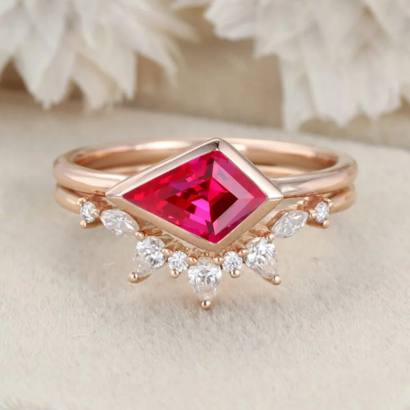 Kite Cut Bezel Lab Ruby Ring Set East West Bezel Engagement Ring Rose Gold Diamond Wedding Ring July birthstone