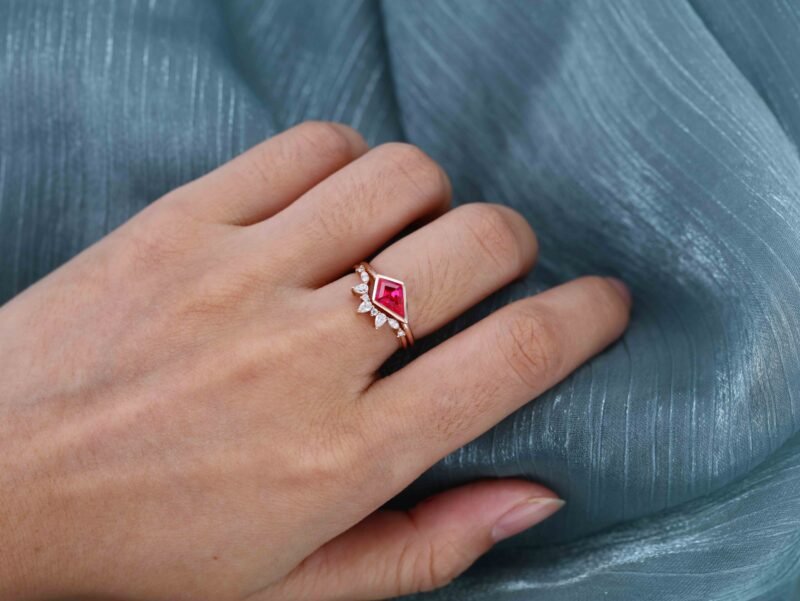 Kite Cut Bezel Lab Ruby Ring Set East West Bezel Engagement Ring Rose Gold Diamond Wedding Ring July birthstone