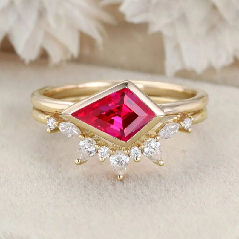 Kite Cut Bezel Lab Ruby Ring Set East West Bezel Engagement Ring Rose Gold Diamond Wedding Ring July birthstone