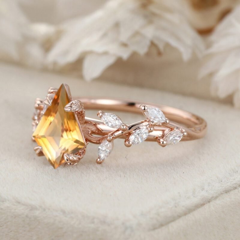 Kite Cut Citrine Engagement Ring Unique 14K Rose Gold Art Deco Leaf Branch Moissanite Wedding Ring