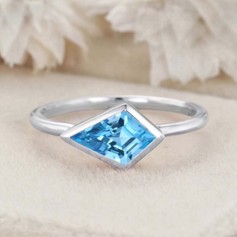 Kite Cut East West Bezel Engagement Ring Topaz Minimalist Bezel Wedding Ring 14K Solid Gold Ring