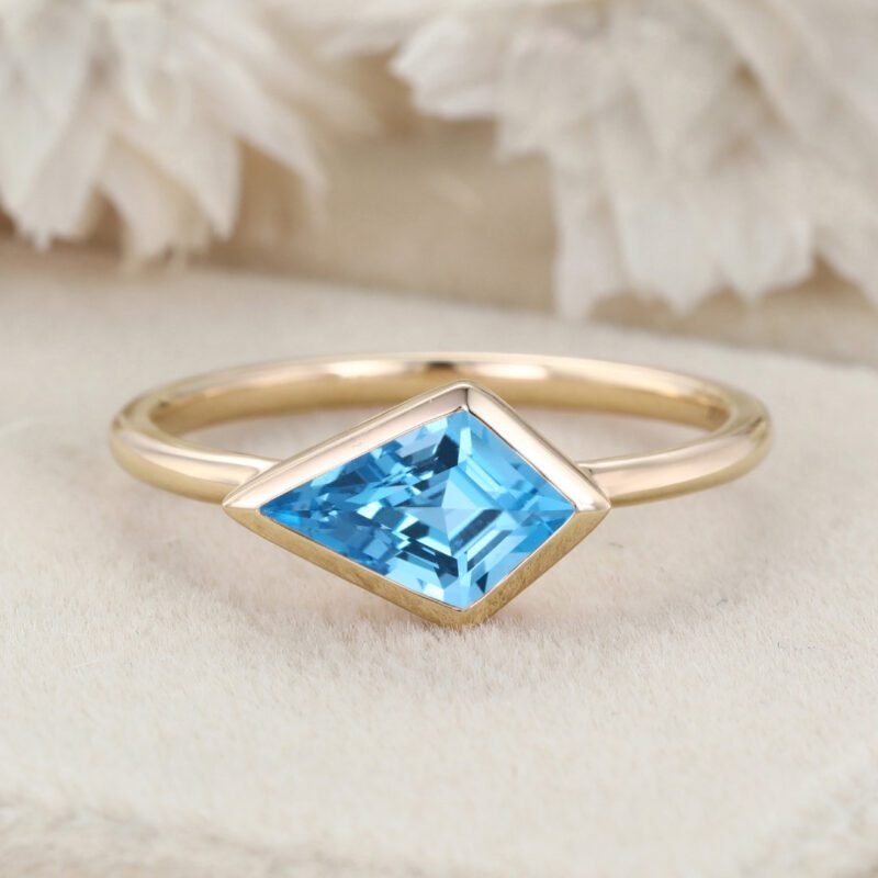 Kite Cut East West Bezel Engagement Ring Topaz Minimalist Bezel Wedding Ring 14K Solid Gold Ring