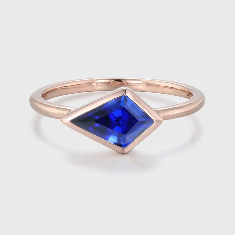 Kite Cut Gemstone East West Ring Lab-Grown Sapphire Minimalist Bezel Engagement Ring Rose Gold Ring