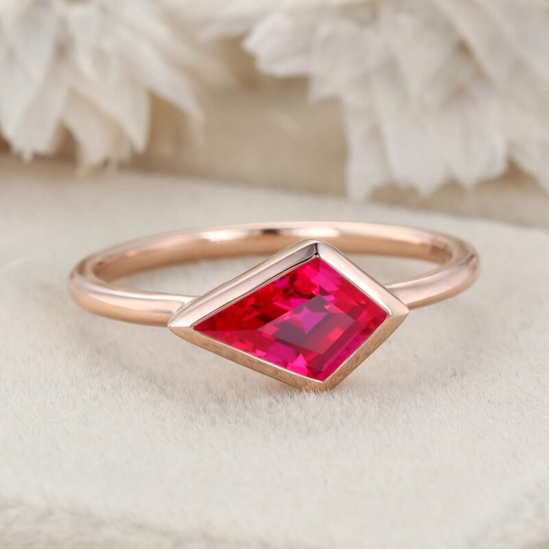 Kite Cut Gemstone East West Ring Lab Ruby Engagement Ring Art Deco Minimalist Bezel Ring Simple Wedding Ring