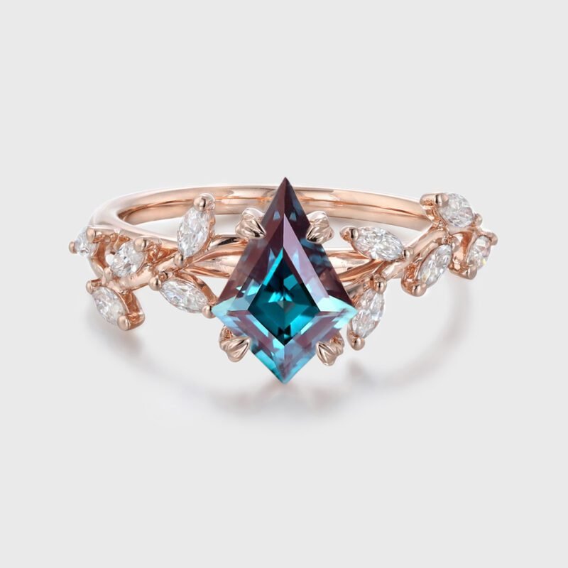 Kite Cut Lab Alexandrite Ring Unique Leaf Diamond Engagement Ring 14K Solid Gold Ring