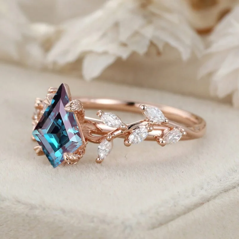 Kite Cut Lab Alexandrite Ring Unique Leaf Diamond Engagement Ring 14K Solid Gold Ring