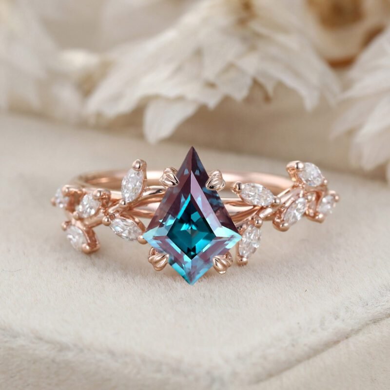 Kite Cut Lab Alexandrite Ring Unique Leaf Diamond Engagement Ring 14K Solid Gold Ring