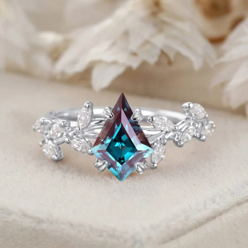 Kite Cut Lab Alexandrite Ring Unique Leaf Diamond Engagement Ring 14K Solid Gold Ring