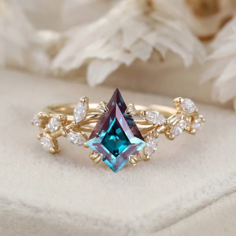 Kite Cut Lab Alexandrite Ring Unique Leaf Diamond Engagement Ring 14K Solid Gold Ring