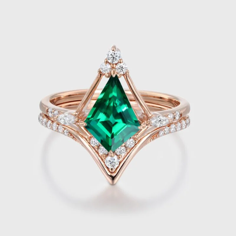 Kite Cut Lab-Grown Emeralds Engagement Ring Set 14K Rose Gold Ring Art Deco Cluster Moissanite Wedding Ring