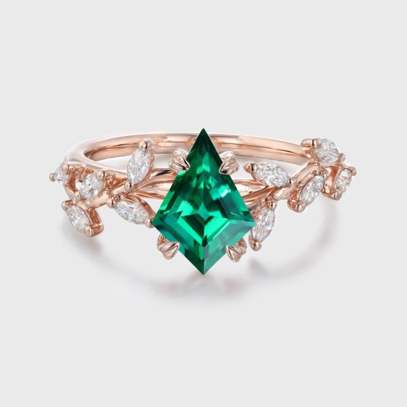 Kite Cut Lab Growth Emerald Engagement Ring 14K Solid Gold Ring Unique Branch Diamond Wedding Rings