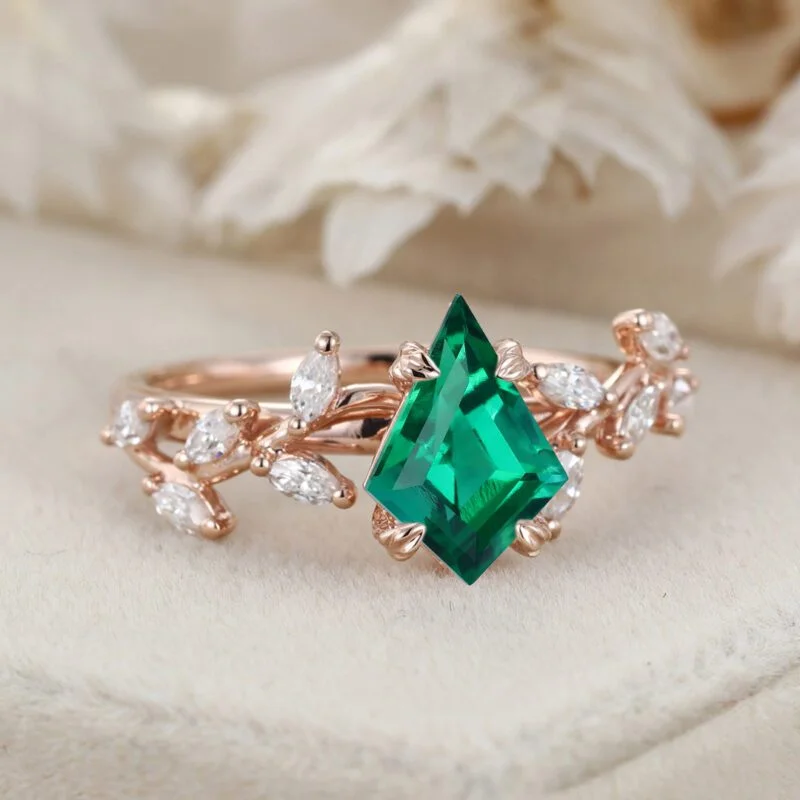 Kite Cut Lab Growth Emerald Engagement Ring 14K Solid Gold Ring Unique Branch Diamond Wedding Rings