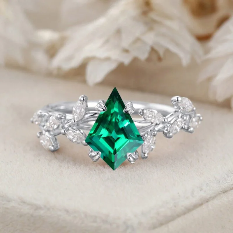 Kite Cut Lab Growth Emerald Engagement Ring 14K Solid Gold Ring Unique Branch Diamond Wedding Rings