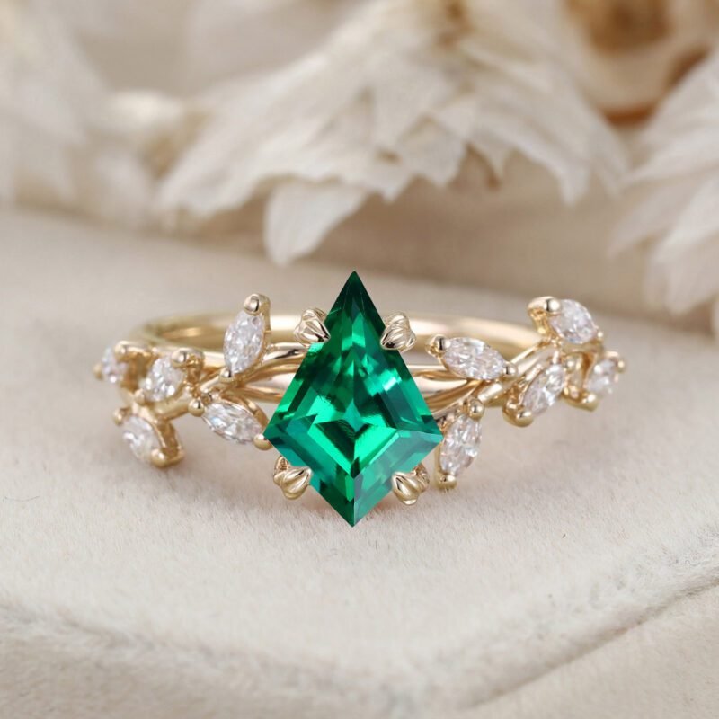 Kite Cut Lab Growth Emerald Engagement Ring 14K Solid Gold Ring Unique Branch Diamond Wedding Rings