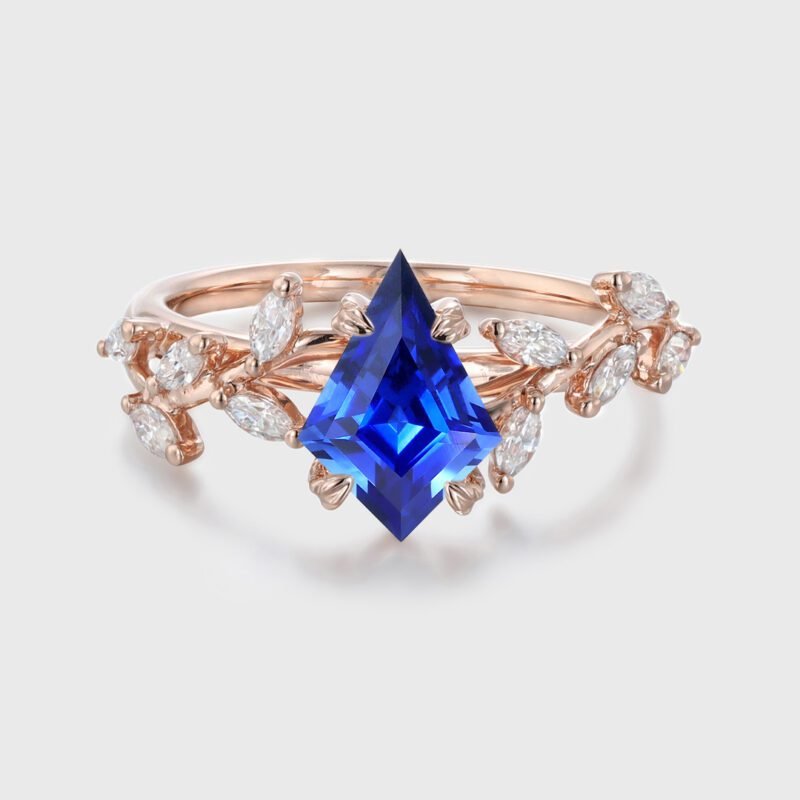 Kite Cut Lab Grown Sapphire Engagement Ring Rose Gold Branch Cluster Ring