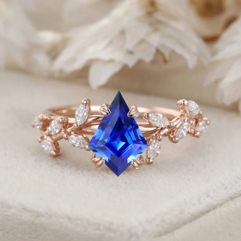 Kite Cut Lab Growth Sapphire Engagement Ring Rose Gold Ring Unique Branch Diamond Wedding Ring