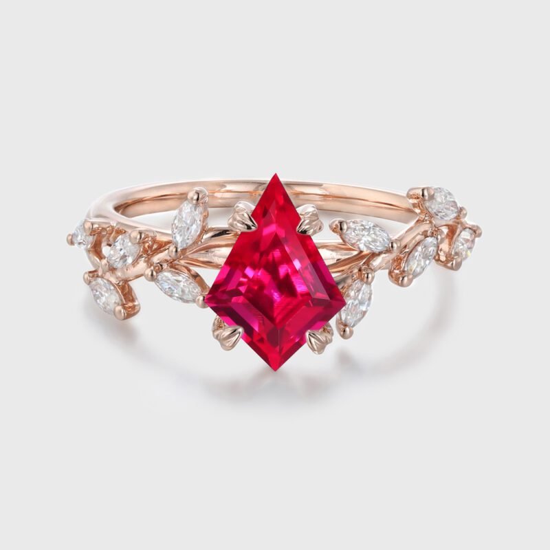 Kite Cut Lab Lab Ruby Engagement Ring Unique Leaf Diamond Wedding Ring 14K Solid Gold Rings