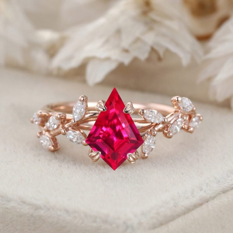 Kite Cut Lab Lab Ruby Engagement Ring Unique Leaf Diamond Wedding Ring 14K Solid Gold Rings