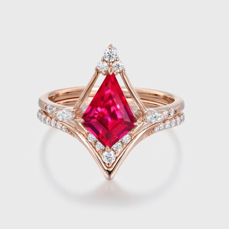 Kite Cut Lab Ruby Ring Set Engagement Ring Marquise Rose Gold Diamond Ring Women Moissanite Ring Set Promise Ring