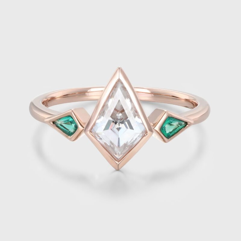 1 Carat Bezel Set Kite Cut Moissanite and Emerald Three Stone Engagement Ring In 14K Rose Gold