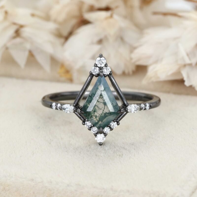 Kite Cut Moss Agate Black Gold Ring Natural Moss Agate Engagement Ring Marquise Diamonds Ring