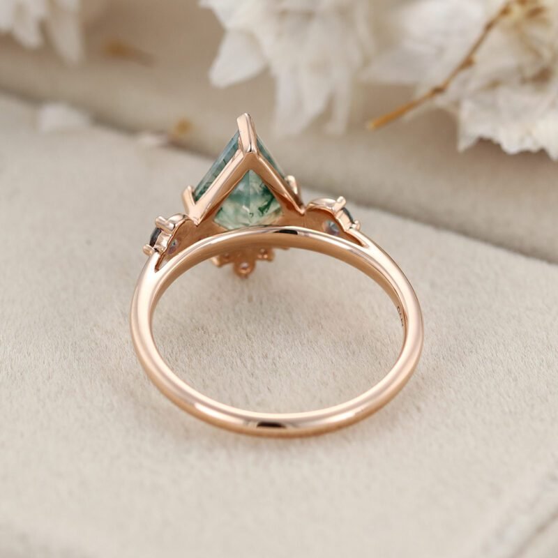 Kite Cut Moss Agate Engagement Ring Alexandrite Engagement Ring Vintage Solid Rose Gold Bridal Ring For Women Art Deco Anniversary gift Ring