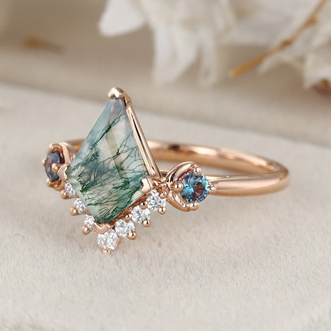 Kite Cut Moss Agate And Alexandrite Engagement Ring Vintage Solid Rose Gold  Bridal Ring For Women - Oveela Jewelry