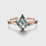 Kite Cut Moss Agate and Emerald Promise Ring, Unique Rose Gold Art Deco Leaf Vine Ring, Anniversary Gift for Her