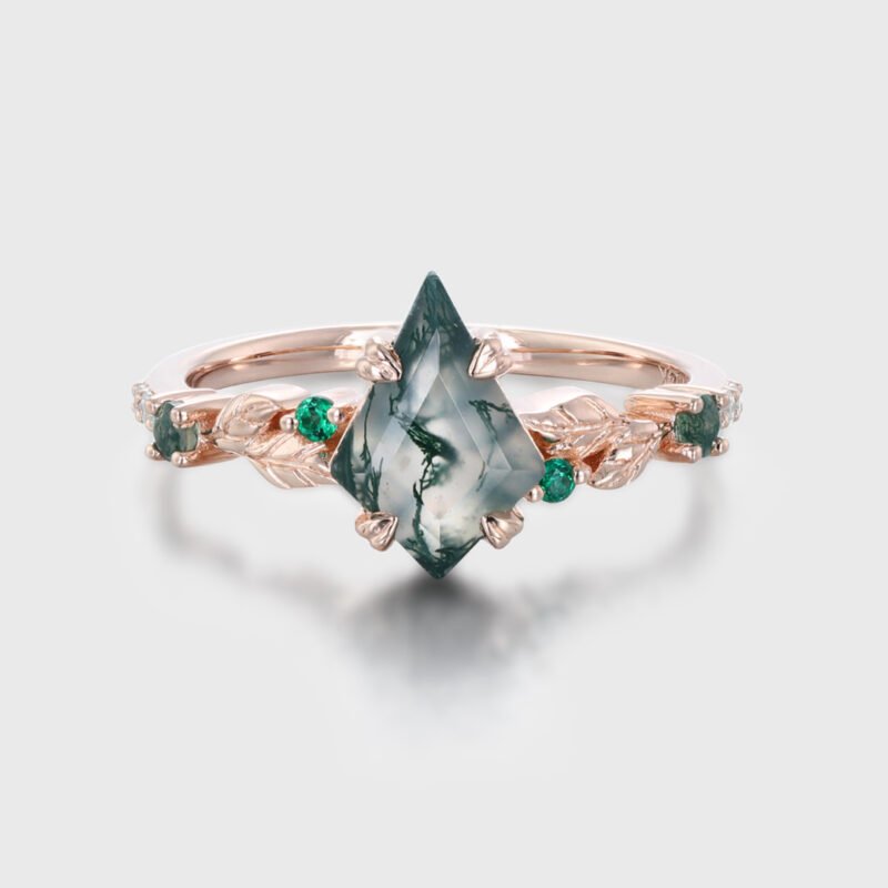 Kite Cut Moss Agate and Emerald Promise Ring with Rose Gold Leaf and Vine Design, Unique Art Deco Anniversary Gift