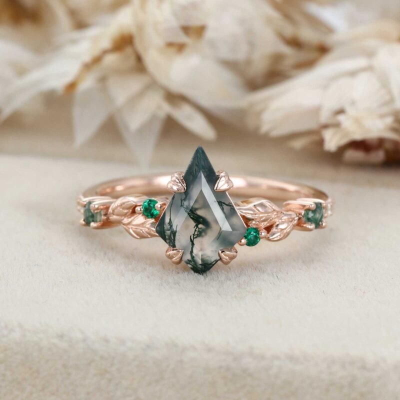 Kite Cut Moss Agate Engagement Ring Unique Rose Gold Ring Round Emerald Ring Art Deco Leaf Ring Vine Ring Promise Ring Anniversary Gift