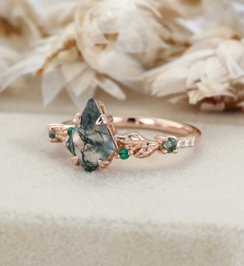 Kite Cut Moss Agate Engagement Ring Unique Rose Gold Ring Round Emerald Ring Art Deco Leaf Ring Vine Ring Promise Ring Anniversary Gift