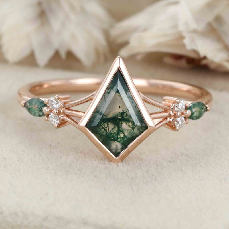 Unique Kite Cut Green Moss Agate Engagement Ring Set 14k Rose Gold Moissanite Wedding Ring Set Gift