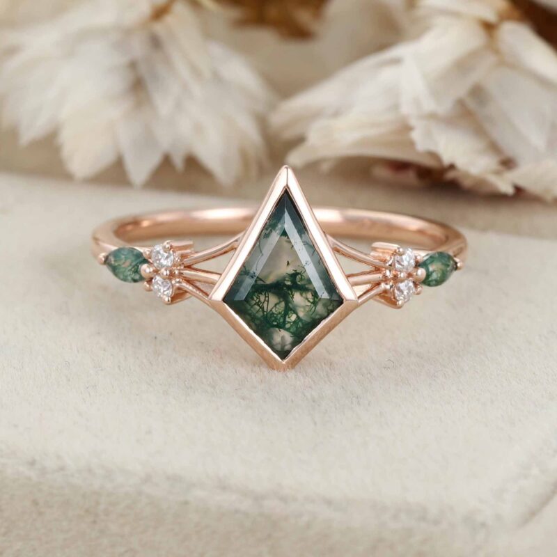 Unique Kite Cut Green Moss Agate Engagement Ring Set 14k Rose Gold Moissanite Wedding Ring Set Gift