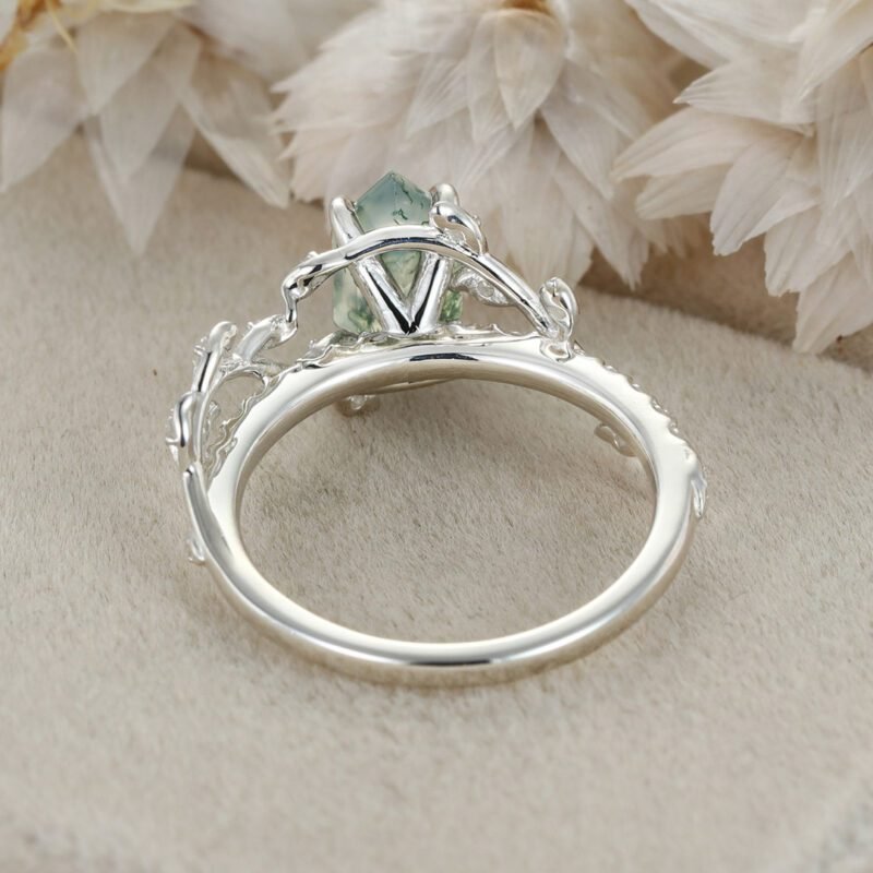 Kite Cut Natural Moss Agate Engagement Ring 14K White Gold Twist Leaf Diamond Wedding Ring