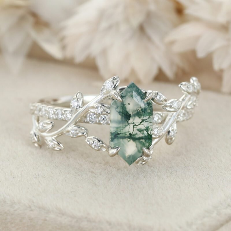 Kite Cut Natural Moss Agate Engagement Ring 14K White Gold Twist Leaf Diamond Wedding Ring