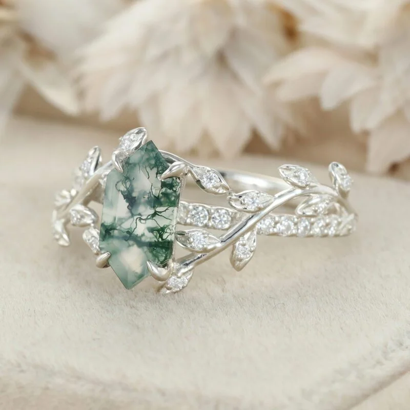 Kite Cut Natural Moss Agate Engagement Ring 14K White Gold Twist Leaf Diamond Wedding Ring