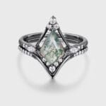 Kite Cut Natural Moss Agate Engagement Ring Set in Art Deco 14K Black Gold