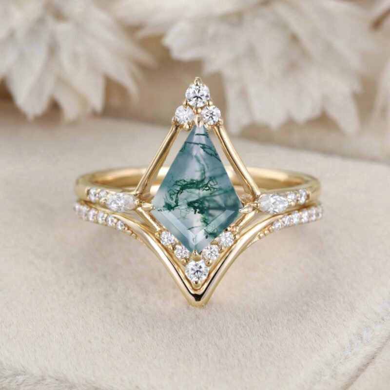 Kite Cut Natural Moss Agate Engagement Ring Set Art Deco Cluster Moissanite Wedding Ring 14K Rose Gold Ring