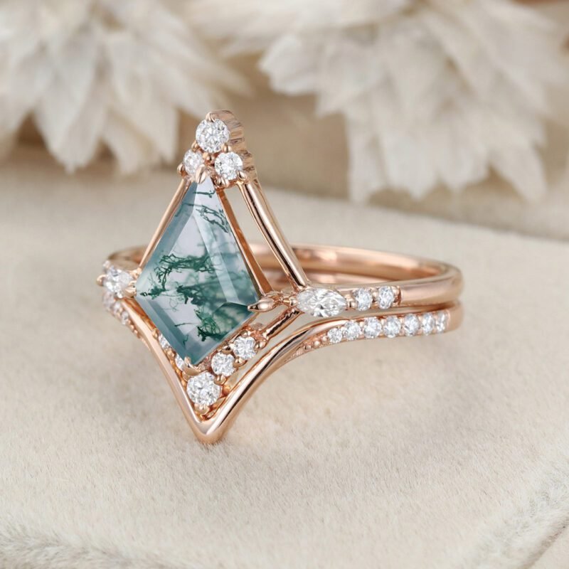 Kite Cut Natural Moss Agate Engagement Ring Set Art Deco Cluster Moissanite Wedding Ring 14K Rose Gold Ring