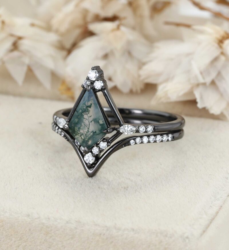 Kite Cut Natural Moss Agate Engagement Ring Set in Art Deco 14K Black Gold Ring