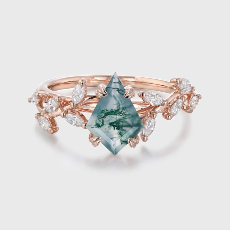Kite Cut Nature Inspired Moss Agate Engagement Ring 14K Solid Gold Ring Branch Marquise Diamond Cluster Ring