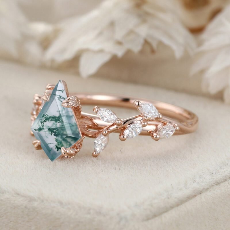 Kite Cut Nature Inspired Moss Agate Engagement Ring 14K Solid Gold Ring Branch Marquise Diamond Cluster Ring
