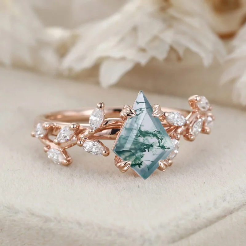 Kite Cut Nature Inspired Moss Agate Engagement Ring 14K Solid Gold Ring Branch Marquise Diamond Cluster Ring