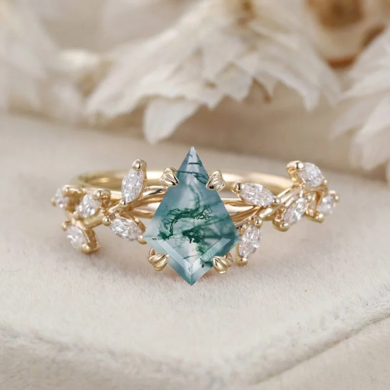 Kite Cut Nature Inspired Moss Agate Engagement Ring 14K Solid Gold Ring Branch Marquise Diamond Cluster Ring