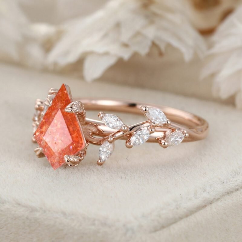 Kite Cut Nature Sunstone Engagement Ring 14K Solid Gold Ring Branch Marquise Diamond Cluster Ring