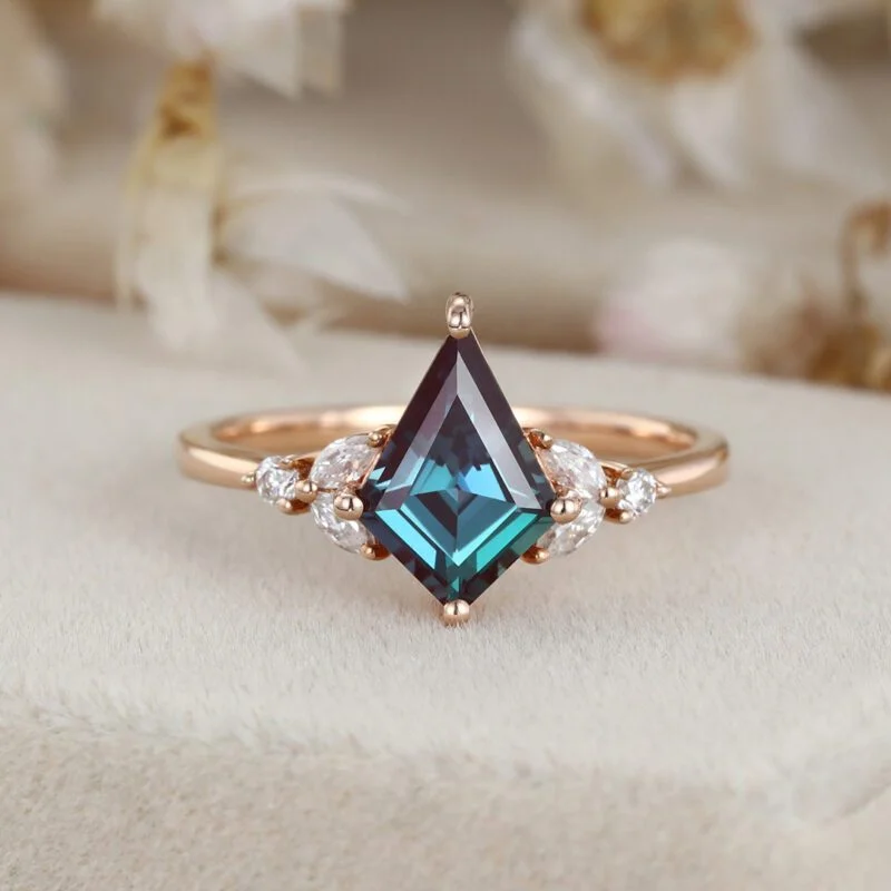 Kite cut Alexandrite engagement ring Vintage unique rose gold moissanite engagement ring marquise cluster diamond ring wedding bridal gift